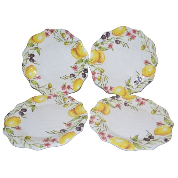 Shabby chic Lemons floral  11” Melamine Dinner Plates Wavy Scalloped 4 pc set - Picture 1 of 5